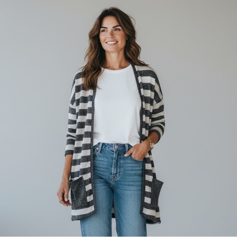 Poof! Gray White Striped Open Cardigan S